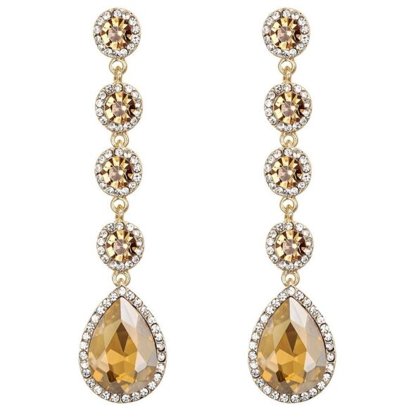 Yellow Gold with Champagne Topaz Austrian Crystal Teardrop Chandelier Earrings - Picture 1 of 6